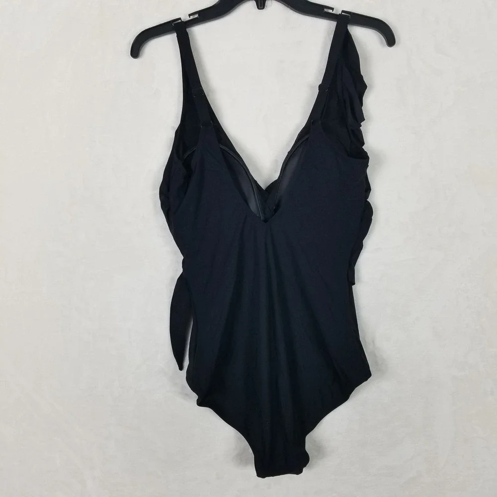 Gottex One Piece Swimsuit Womens 14 Black Ruffle Wrap Side Tie ETT2132 NWT